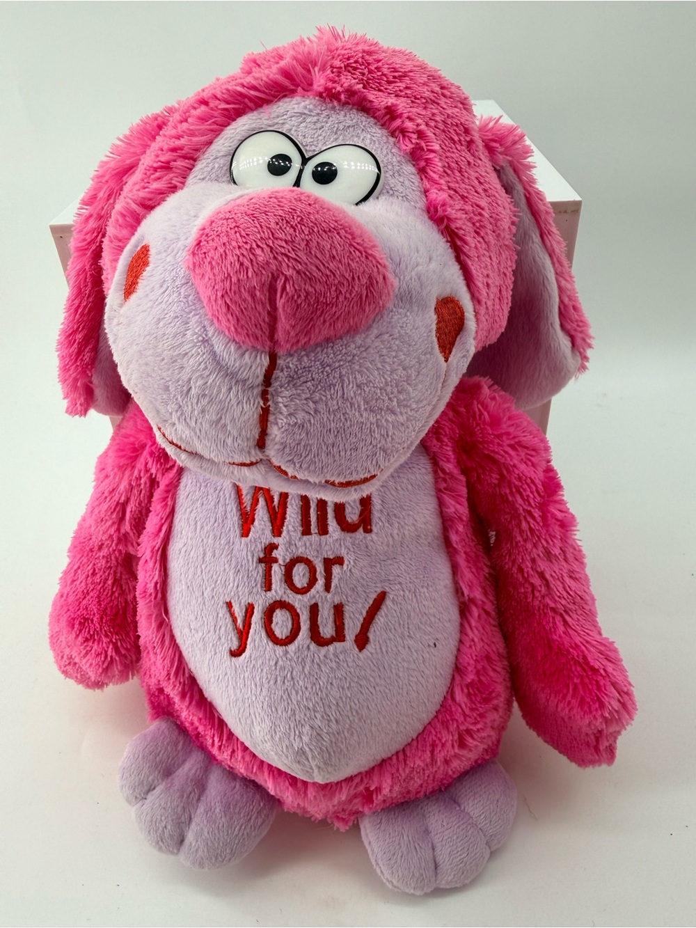Plush Pink Dog Toy with Embroidered 'Wild for You' Message